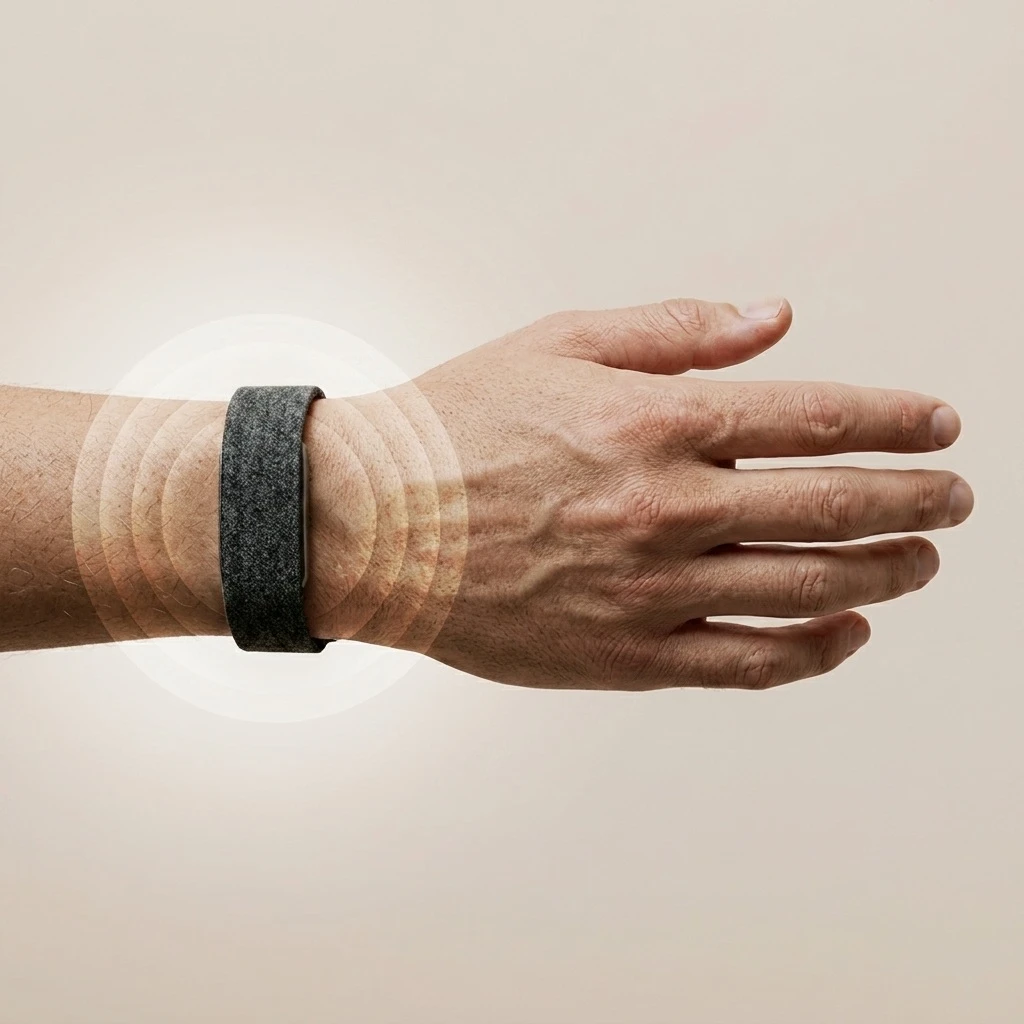 A slim fabric band worn on the wrist, with no screen and no buttons.