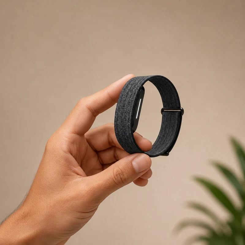 A dark fabric band with a slim sensor module and a slider buckle, held open in a hand.